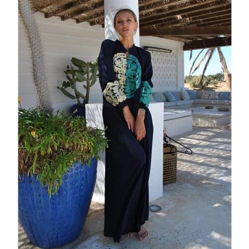 2021 Autumn Cotton Embroidered Women Vintage Dark Blue Maxi Dress Robe Plage Kaftan Tunic Pareo Plage Long Sleeve Women Dress