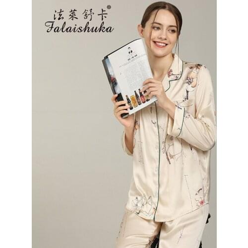 19 Momme Chinese style Sun flower 100% genuine silk pajamas sets women sleepwear spring Mulberry Silk women pyjamas T8274