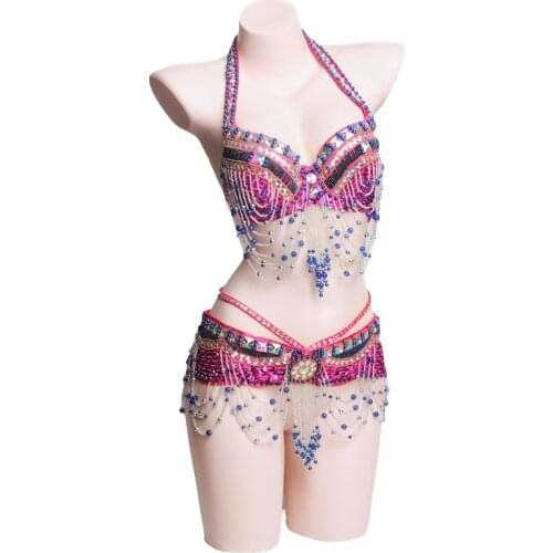 2018 New Stage Performance Belly Dancing Costumes 2 Pieces Eastern Style Sequined Beaded Top Belly Dance Bra and Belt