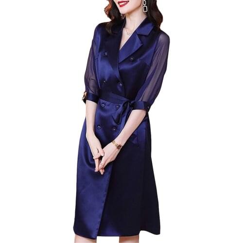 2021 New Fashion Spring Autumn Windbreaker Womens Acetate Satin Glossy Long Trench Coat Elegant Thin Outerwear Plus Size KW513