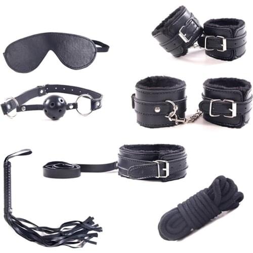 7pcs Sex Toys Adult Games Sex Bondage Restraint Handcuffs Cuffs Whip Collar Blindfold Mouth Gag Adult Products For Couples