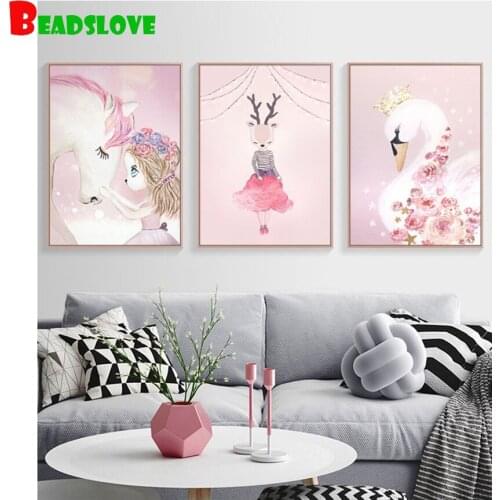 Pink Unicorn girl Nordic 5d diamond painting cross stitch 3d embroidery full round drill diamond mosaic 3 piece baby room decor