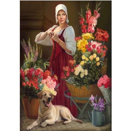 5D DIY Diamond Painting Woman and flower dog Full Square&Round Diamond Mosaic Diamond Embroidery Cross Stitch Home Decor A1221