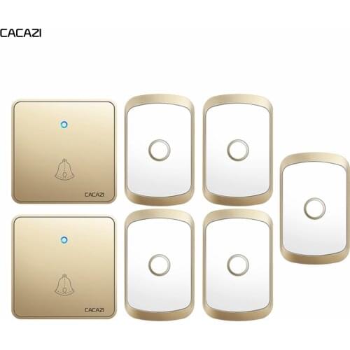 CACAZI Home Wireless Doorbell Waterproof 300M Remote CR2032 Battery 2 Transmitter 5 Receiver 60 Ring 0-110DB Chime US EU UK Plug