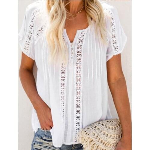 Solid Hollow Out Cotton Linen Womens Blouse Short Sleeve Loose Elegant Ladies Blouses Summer Fashion Casual Vintage Simple Tops