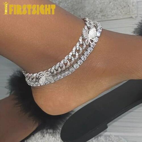 New Parking CZ Baguette Butterfly Anklet 10mm Iced Out Bling Miami Cuban Link Gold Silver Color Anklets Women Hiphop Jewelry
