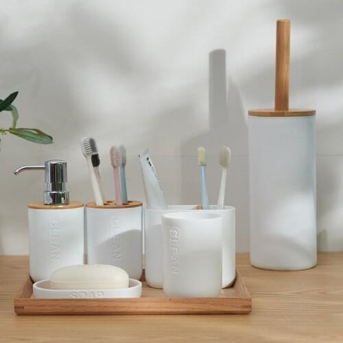 Household Bathroom Supply Washing Tools Bamboo Soap Dish Soap Dispenser Toothbrush Holder Toilet Brush Bathroom Accessories