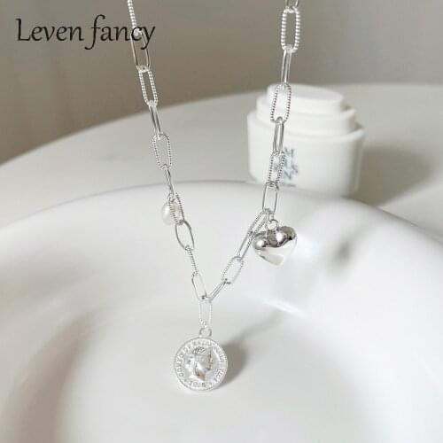 Carved Coin Pendant Necklace for Women Girls 925 Sterling Silver Goddess Worship Celebrity Medal Heart Charm Jewelry with Pearl