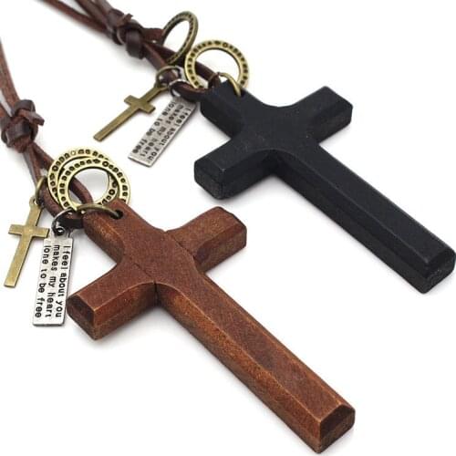 Black Brown Cross Pendant Necklace for Men Woman Wood Crucifix Prayer Christian Religious Necklaces Male Jewelry