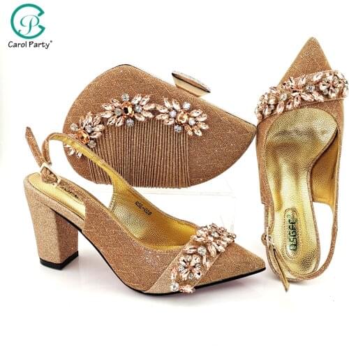 Italian Design 2021 New Arrival Paech Color Nigerian Party Ladies Shoes and Bag Set Decorated WIth Colorful Rhinestone