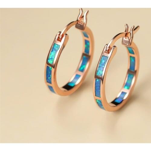 Dainty Female Blue Opal Jewelry Classic Rose Gold Color Wedding Earrings For Women Vintage Bride Round Big Hoop Earrings