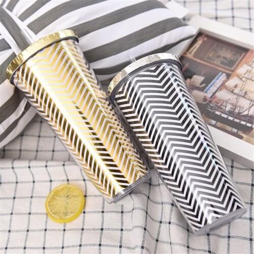 Golden Silver Stripe Coffee Mugs BPA Free Plastic Water Bottle With Straw Portable Tea Milk Cup Household Office Drinkware 650ML