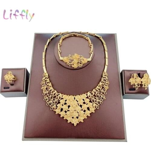 Liffly Dubai Fashion Jewelry Sets Leaf Shape Necklace Women Gold Bracelet Earrings Ring Jewelry Party Luxury Jewelry Set