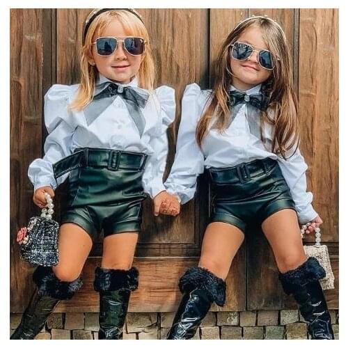 Fashion Infant Baby Girls Clothes Sets Bubble Long Sleeve Button Collar Bow Shirt Leather Black Hemmed Pants Girls Clothes
