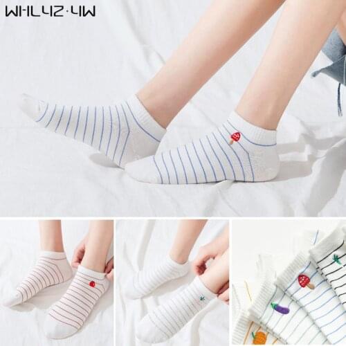 Spring Summer Ankle Socks Women Girl Cotton Striped Embroidery Fruit Cute Harajuku Young, Casual, Fashion Invisible No Show Sock