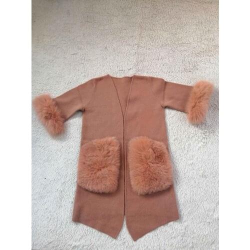 New womens mink cashmere cardigans womens fashion sweater with big real natural fox fur pocket and cuff 3/4 sleeve outwear