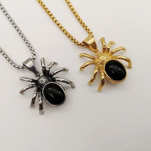 Black stone spider pendant necklace 316L stainless steel hip hop necklace alloween spider necklace mens creative animal necklace
