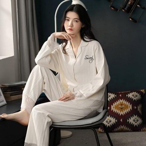 White Print Letter Lace Trim Pajamas Sets 2PCS Print Pyjamas Female Sleep Suit Sleepwear Cotton Nightwear Spring Home Wear M-XXL