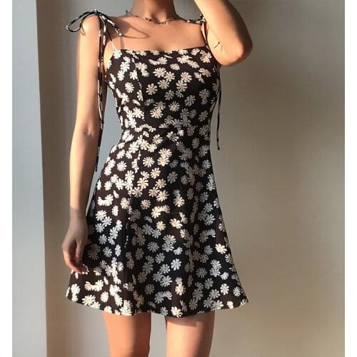 Retro Cute Little Daisy Print Flat Waist Loose Lace Floral Suspender Dress