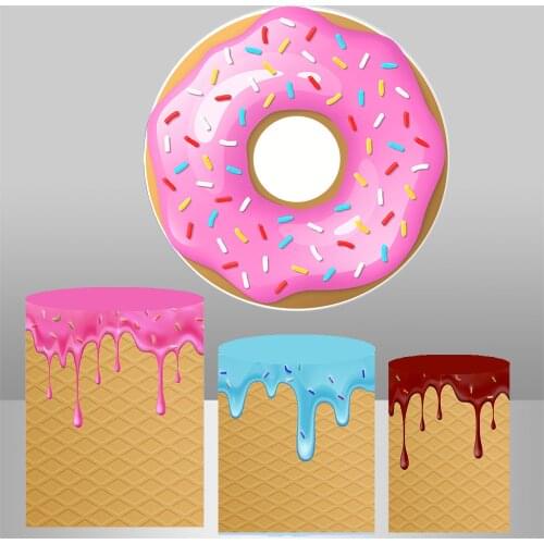 Pink Donut themed Round Backdrop Elastic Polytser Circle Background Cylinder Cover Table Banner Party Decoration Sweet Candy 864
