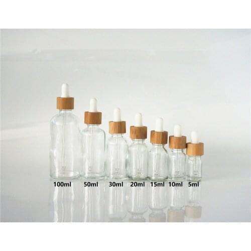 5/10/15/20/30/50/100ml Clear Empty Essential Oil Bottle Bamboo GNatural Cover White Rubber Head Dropper Cover Glass Containers