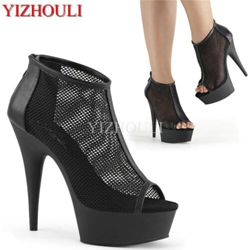 Stylish womens sexy black mesh uppers leather zip-up high heels, ankle boots 15cm womens stage show ankle boots