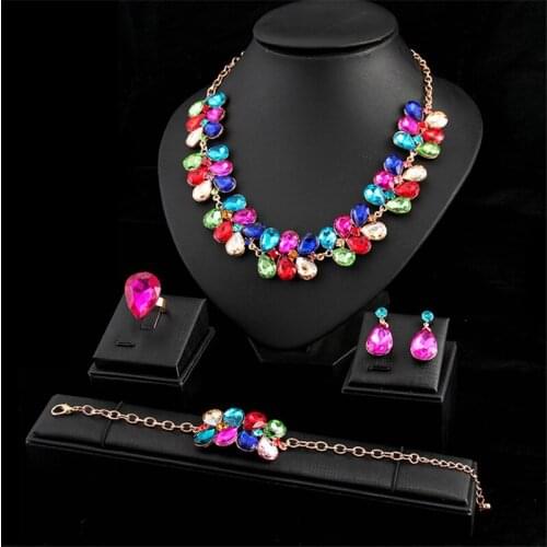 African 4pcs Crystal Choker Necklace Earrings Bracelet Ring Bridal Jewelry Set for Women Wedding Party Costume Accessories Gifts