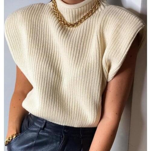 Knitted Vest Women Autumn Winter Turtleneck Sleeveless Vest Sweater Shoulder Pads Knit Jumper Womens Clothing
