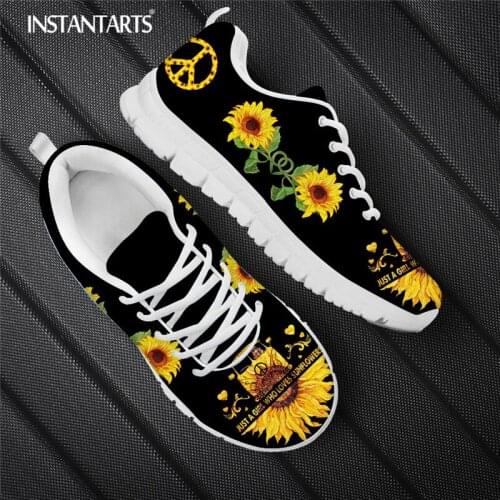 INSTANTARTS Brand Design Sunflowers Shoes Womens Fashion Flat Shoes Peace and Love Logo Print Sneaker Breathable Footwear