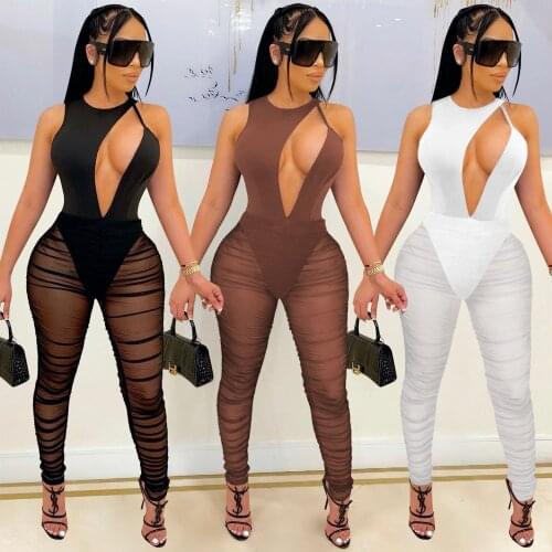 Sexy Sheer Mesh Patchwork Black White Jumpsuit Women Summer 2021 Hollow Out O Neck Sleeveless Bodycon Club wear Romper Overalls
