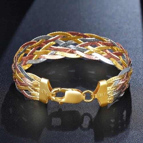 New S925 silver woman bracelet electroplated 18K gold three colors and eight threads braided bracelet 925 silver female bracelet