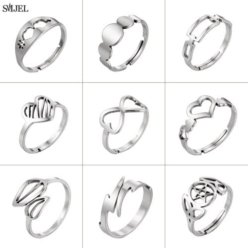 Fashion Jewelry Rings Leaf Stainless Steel Hollow Round Heart Opening Women Finger Ring For Girl Party Wedding Gifts Christmas