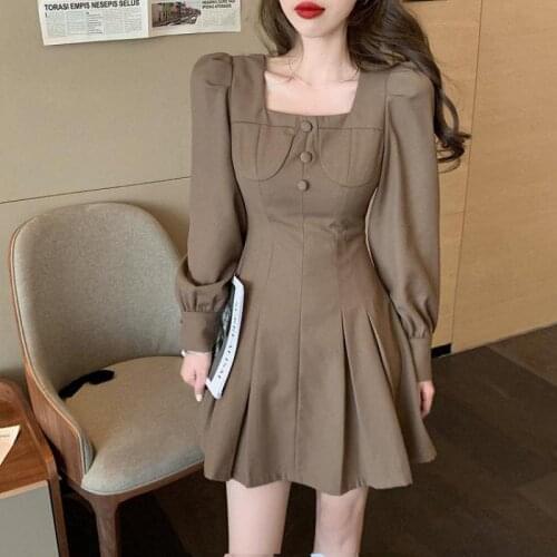 Women Square Neck Puff Long Sleeve Dress Streetwear Elegant Party 2021 Spring Autumn A Line Mini Dresses