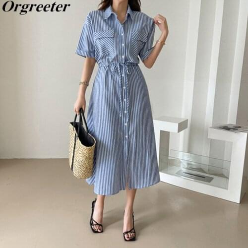 Korean Casual Chic Curled cuffs Drawstring Blue Striped Shirt Dress for Women Summer New Lapel Short Sleeve Loose Long Dress