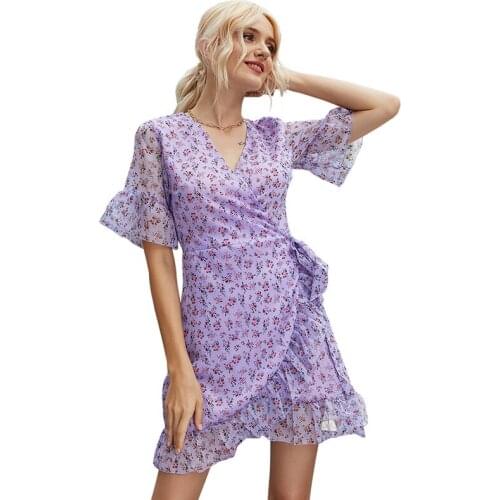Summer Floral Print Chiffon Sexy Mini Dress Women Fashion V-neck Ruffled Short Sleeve Elegant A-Line Dresses Casual Beach Dress
