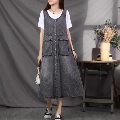 Loose Denim Sleeveless Dress Womens Summer Style Shoulder Strap Pocket Waistcoat Fluffy Long Dress Vintage Tank Shirt Tops K749
