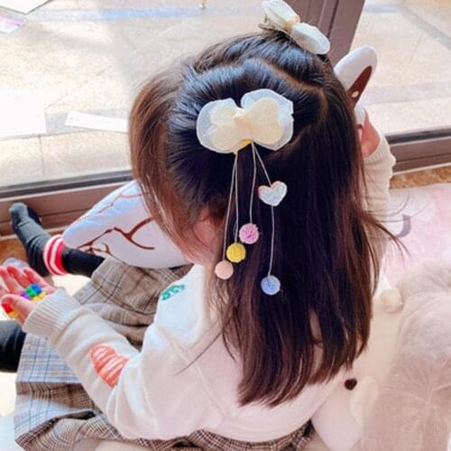 1pair Children Side Clips Hairpins Organza Glitter Net Yarn Bow Love Clips Hair Ball Tassel Clips Daily Styling Accessories Gift