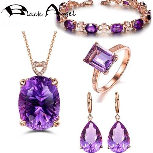 BLACK ANGEL Fashion Elegant Luxury Amethyst Clip Earrings Necklace Bracelet Ring For Women Engagement Wedding Gift Jewelry Set