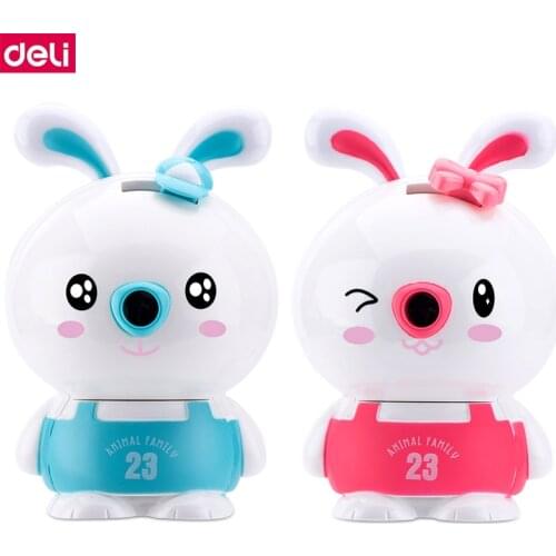Deli 0676 Little rabit pencil sharpener Cartoon cute children student pencil sharpener blue pink colors able to fixed on table