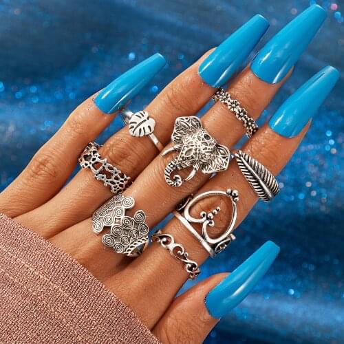 HI MAN 8Pcs/Set Nordic Mixed Elephant Heart Feather Flower Leaf Wave Ring Women Unique Vintage Beach Party Jewelry