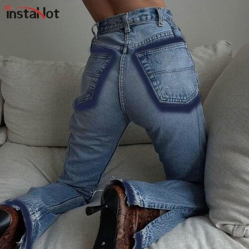 InstaHot Women Jeans Pant Patchwork Vintage Split Straight Trousers 2021 Streetwear High Waist Fashion Casual Denim Jean Female
