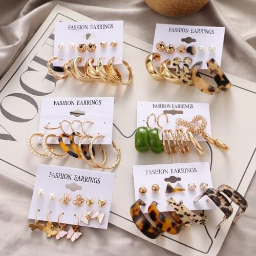 FNIO Fashion Leopard Acrylic Hoop Earrings Set For Women Geometirc Gold Metal Hoop Earrings Brincos 2021 Trend Jewelry Party