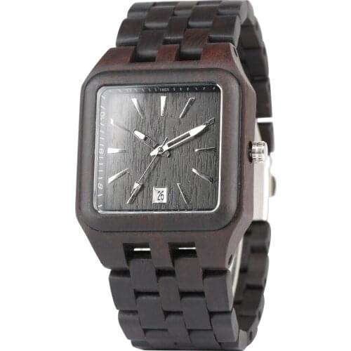 Fashion Mens Wood Watch Unique Square Dial with Calendar Male Quartz Wristwatch Full Dark Brown Wooden Band Relogio Masculino