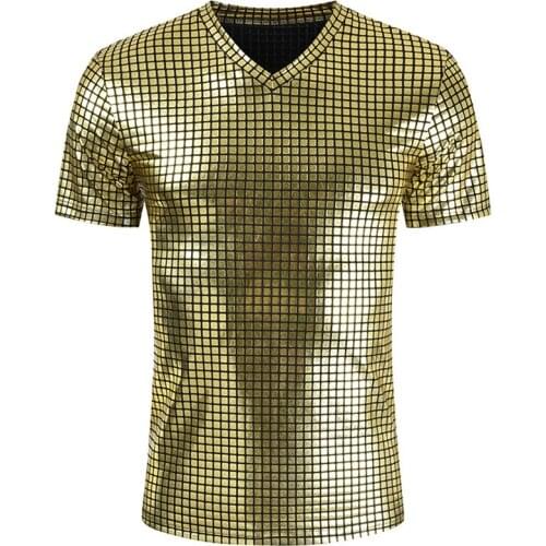 Gold Coated Metallic T Shirt Men Shinny Casual V-Neck Mens T-Shirt Night Club Shirts Hip Hop Tee Top Plaid Harajuku Streetwear