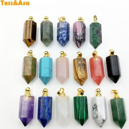 Natural Gems-Stone Perfume Bottle Bullet Pendant Hexagonal Point Necklace Healing Chakra Quartz Charm for Jewelry Making