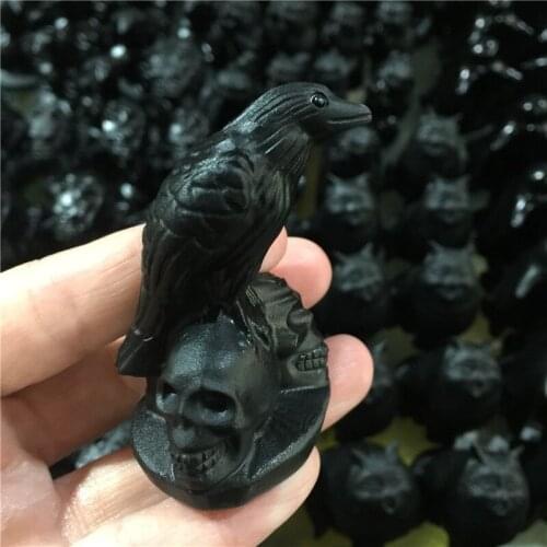 Natural Stone Black Obsidian Handmade Carved Skull Crow Powerful Statue For Home Decoration Gift
