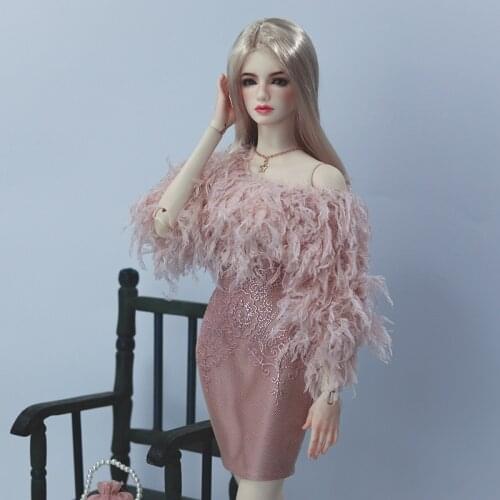 BJD Doll Clothes Pink Feather Dress Top + Bodycon Set Elegant Sexy 1/3 1/4 1/6 DDM/DDL/MSD Custom Doll Accessories