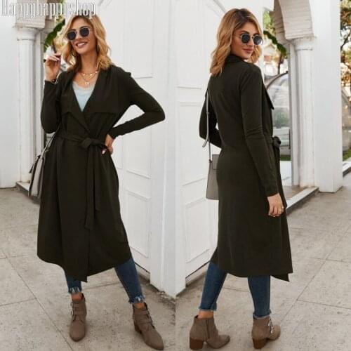 New Arrival Autumn&Spring Womens Lapel Long Coat Female Belted Casual Long Sleeve Jacket Windbreaker Overcoat Outwear