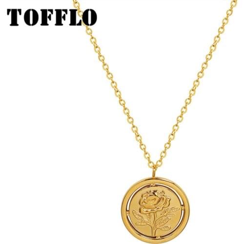 TOFFLO Stainless Steel Jewelry Flower Rose Pendant Round Brand Necklace WomensFashion Cavicle Chain BSP1084