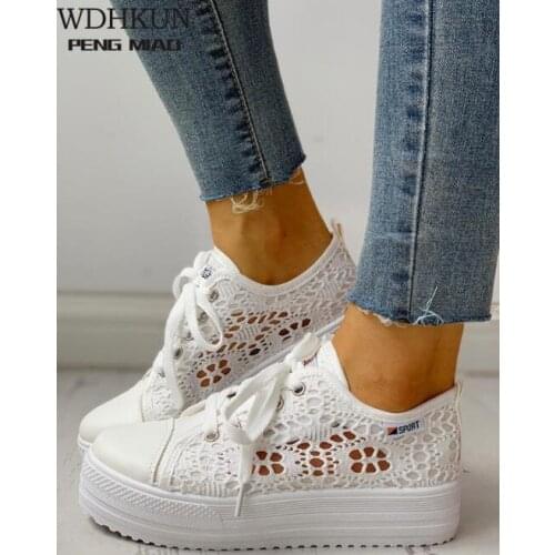Women Shoes 2020 Fashion Summer Casual White Shoes Cutouts Lace Canvas Hollow Breathable Platform Flat Shoes Woman Sneakers